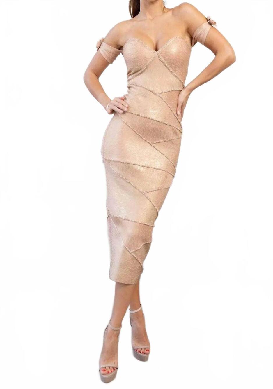 NEW TERANI COUTURE sweetheart fitted tea-length dress in rose